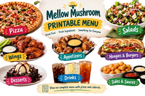 Mellow Mushroom printable menu featuring pizza, wings, salads, and drinks